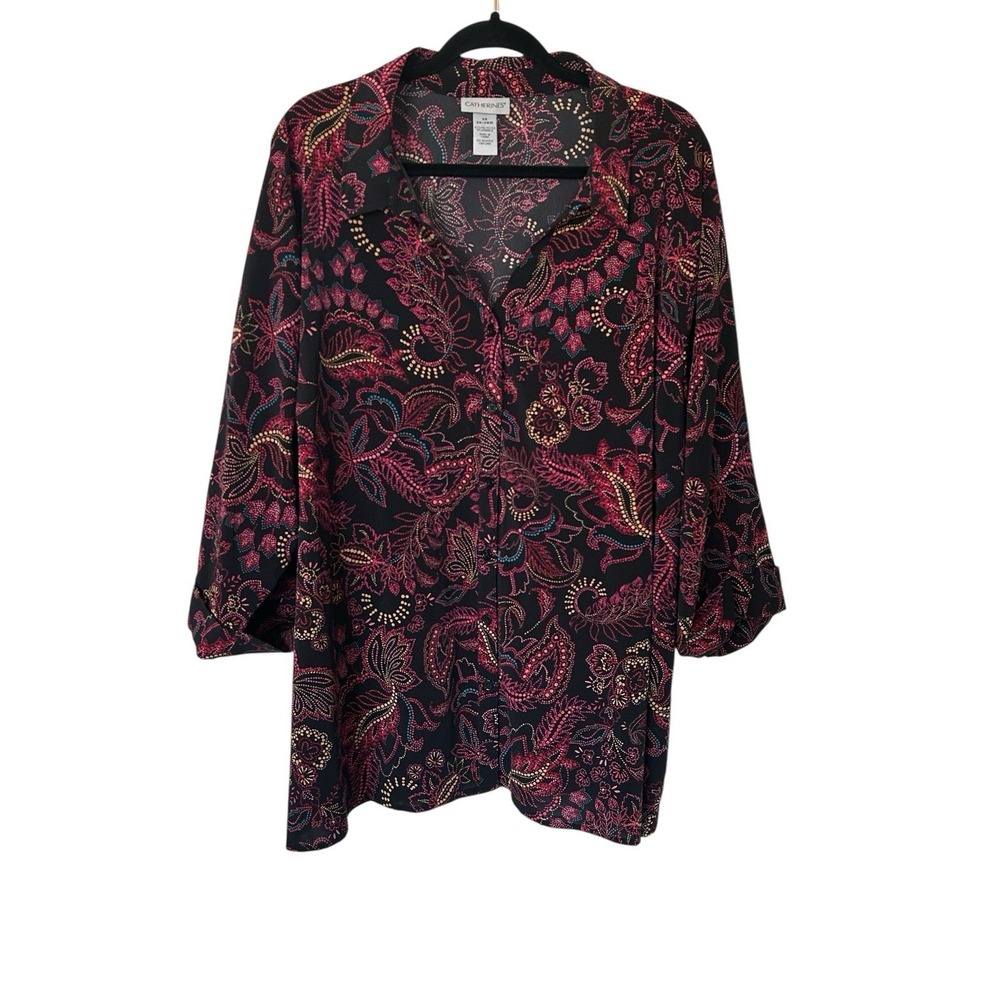 Catherines Blouse Top Dark Floral‎ Red Plus Size 3X Roll Tab Sleeve